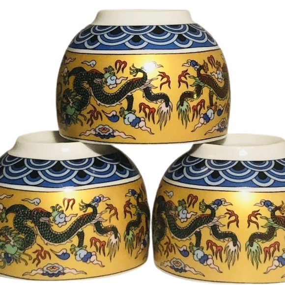 Antique Japanese Cups Asian Style Stoneware Dragon Design set of 3 - Picture 2 of 8